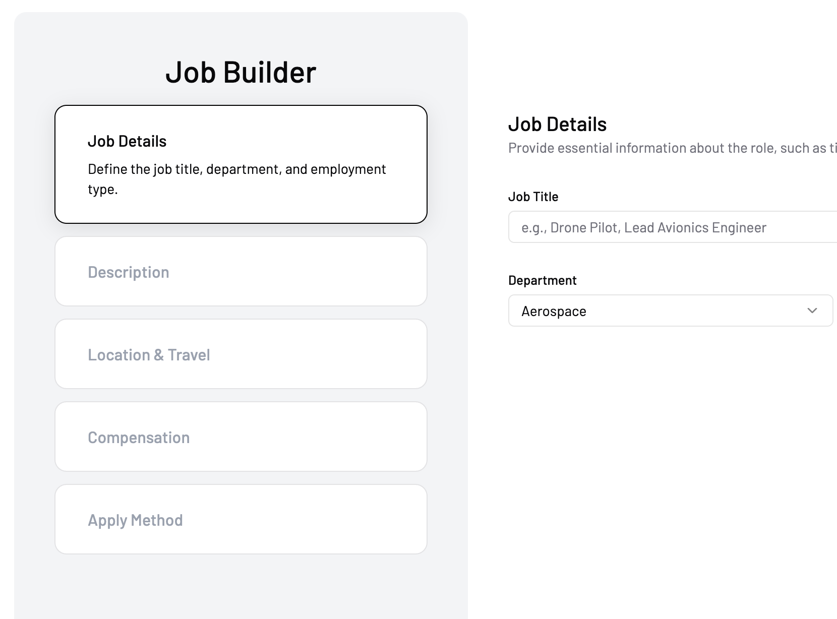Job Builder interface showing form fields for creating job postings